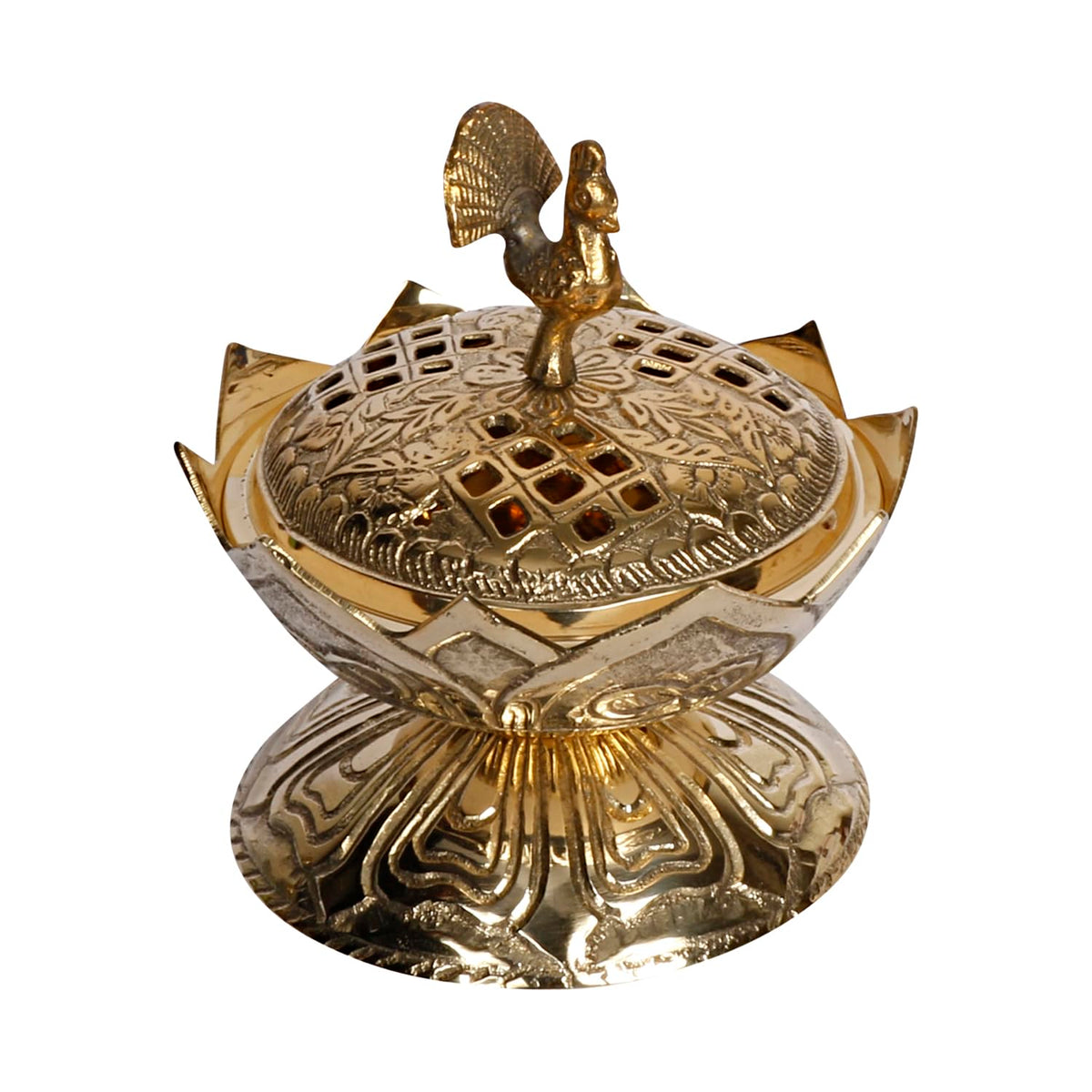 Top-angle view of brass Lotus Burner highlighting detailed petal perforations
