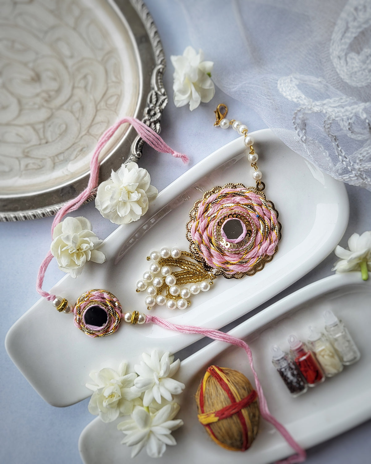 Mirror Pink Lumba Rakhi Set