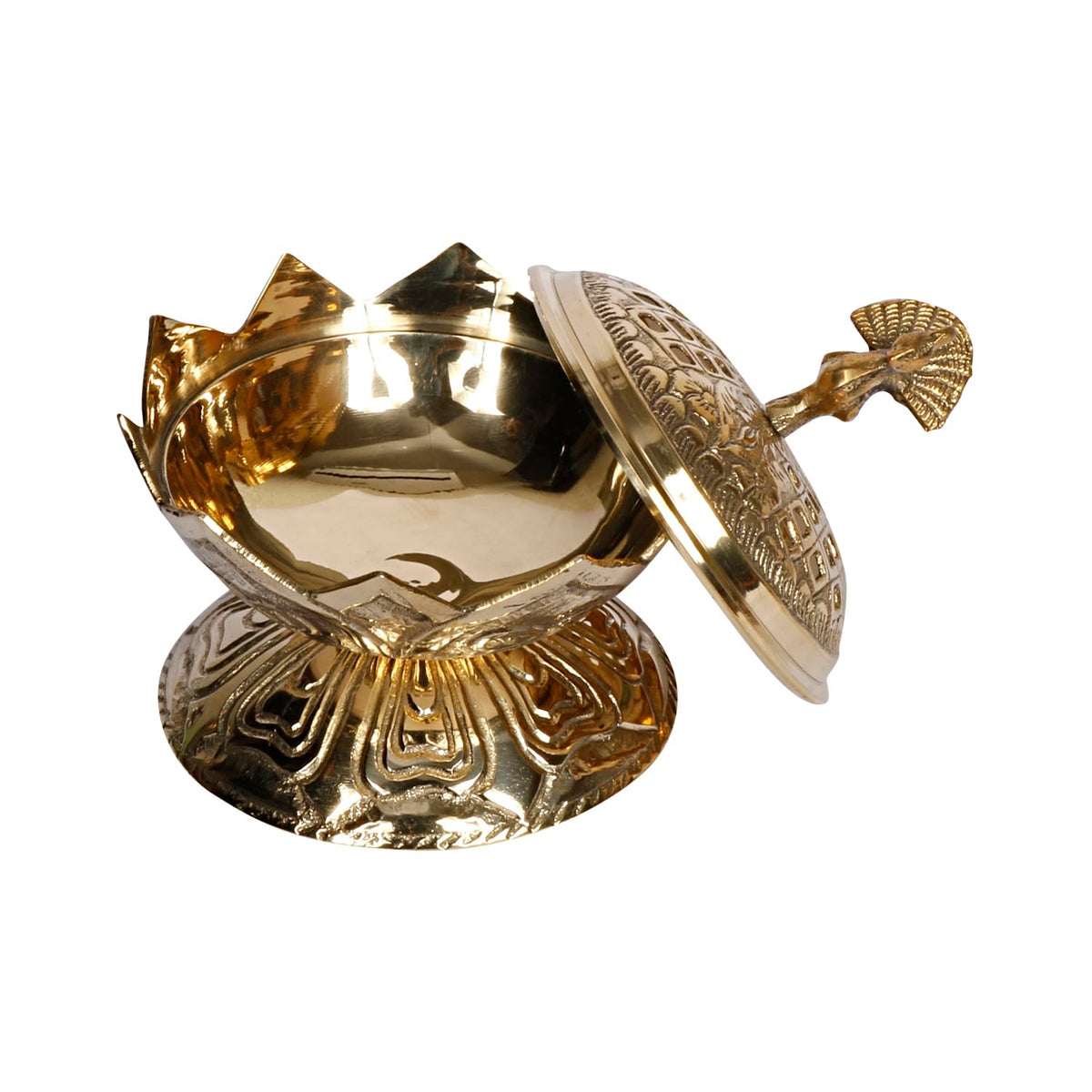 Lotus-shaped brass incense burner for spiritual offerings with perforated lid